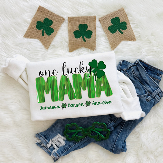 Lucky Mama St. Patrick’s Day Sweatshirt with Kids’ Names – Custom Mom Gift