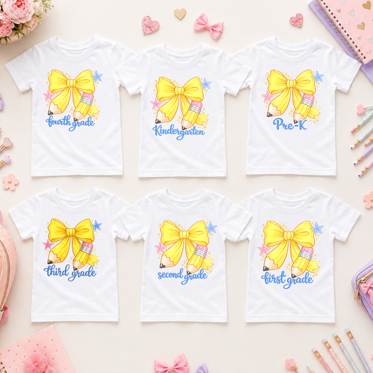 Coquette Pencil Bow Grade Level Back to School Shirt | Girls First Day of School Tee