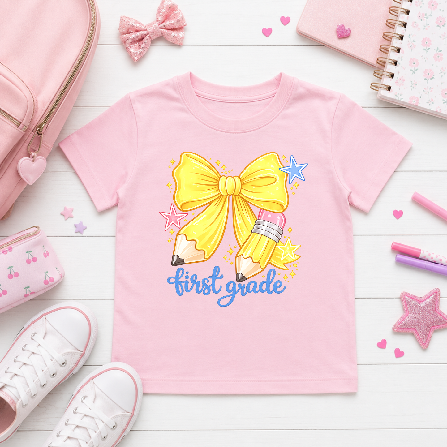 Coquette Pencil Bow Grade Level Back to School Shirt | Girls First Day of School Tee