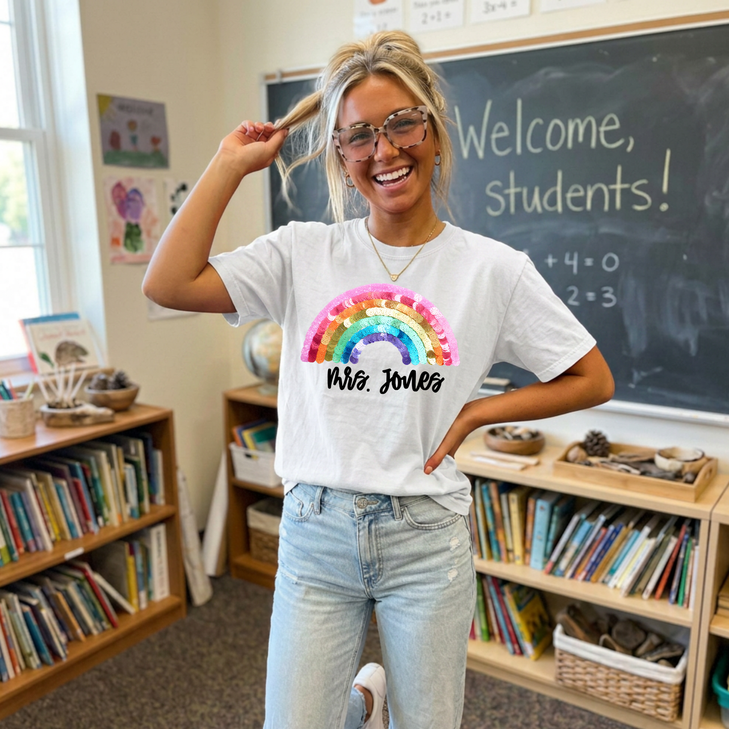 Personalized Sequin Rainbow Teacher Shirt | Custom Name Comfort Colors Teacher Tee