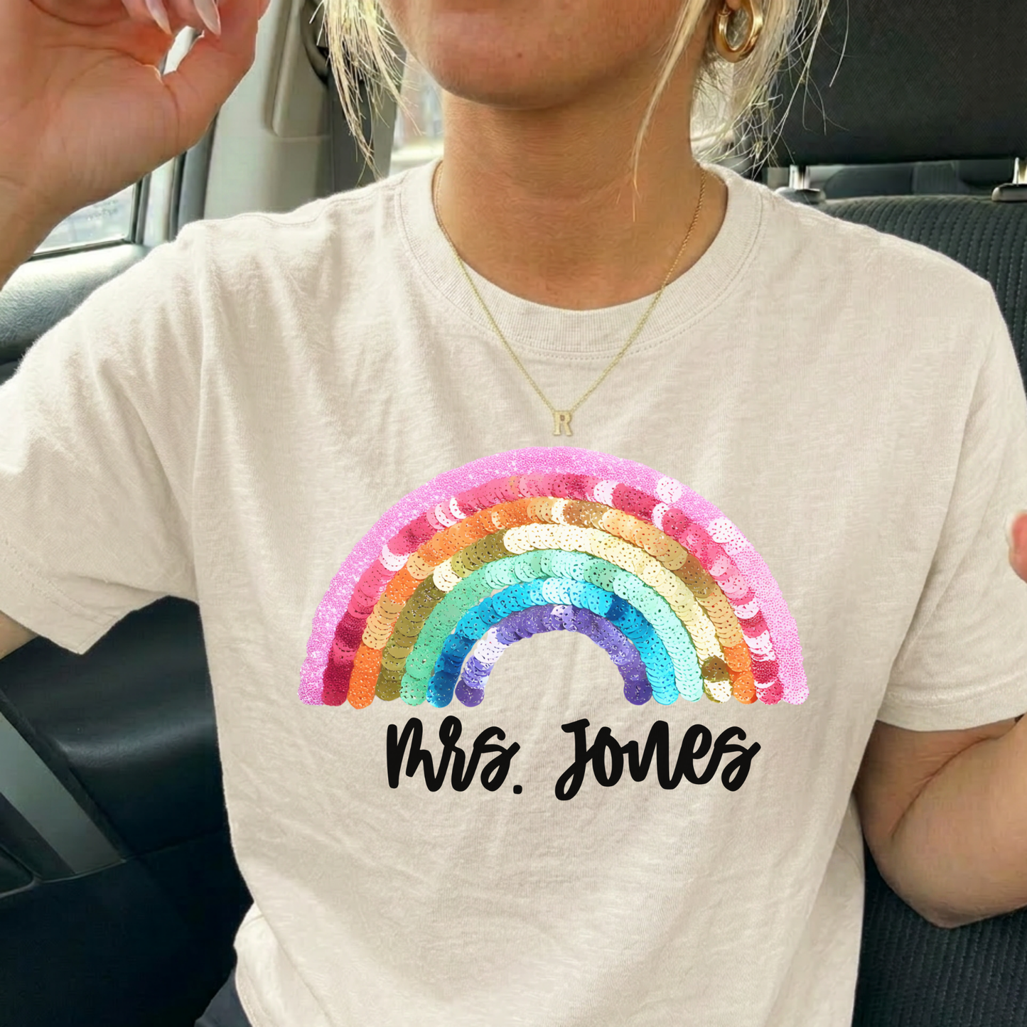 Personalized Sequin Rainbow Teacher Shirt | Custom Name Comfort Colors Teacher Tee