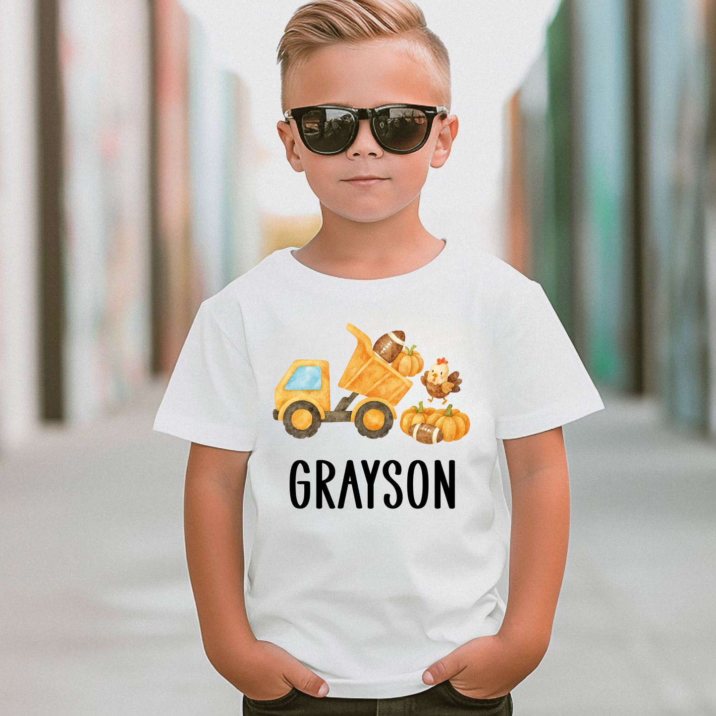 Personalized boys Thanksgiving shirt with dump truck and pumpkins