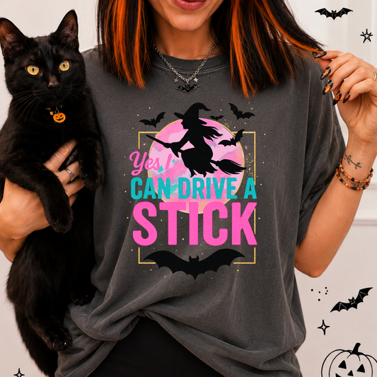 Yes, I Can Drive Stick Funny Witch Halloween Shirt | Women’s Spooky Season Tee