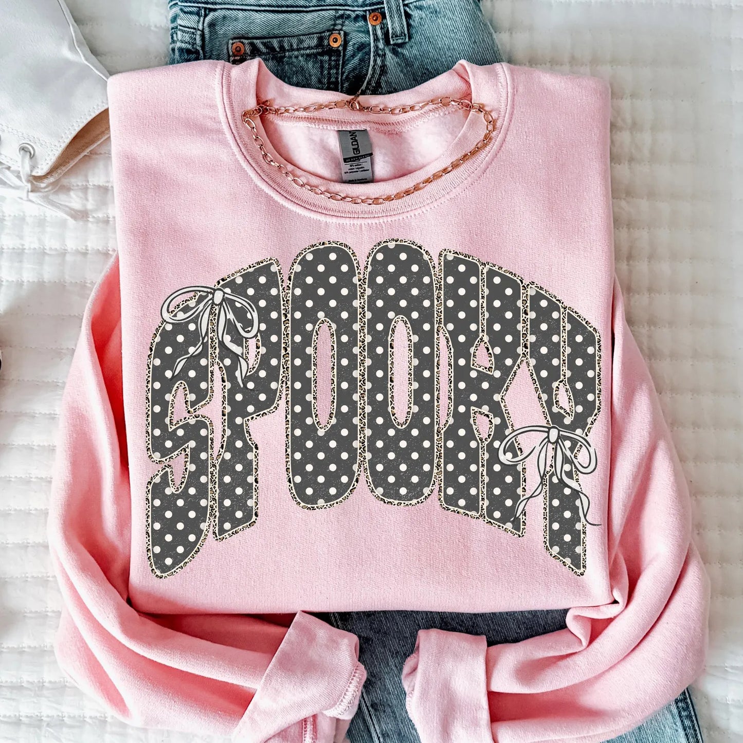 Spooky Bow Halloween Sweatshirt | Cute Polka Dot Gildan Crewneck