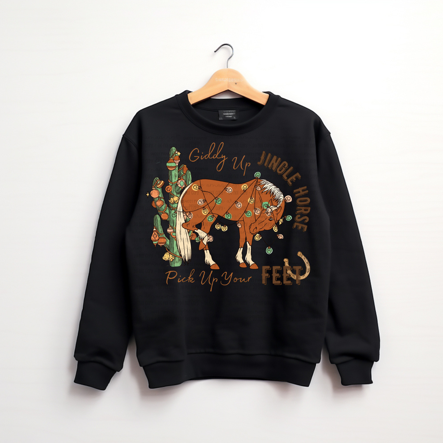 Girls Giddy Up Jingle Horse Christmas Crewneck | Cute Holiday Horseback Riding Sweatshirt