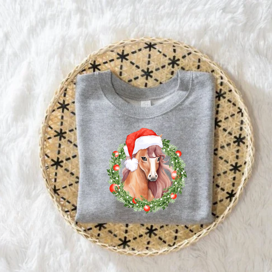 Girls Christmas Horse Sweatshirt | Cute Holiday Horse Girl Crewneck for Young Riders