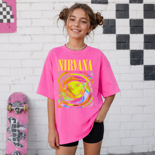 Retro Y2K Graphic Tee for Tween Girls – Oversized Comfort Colors Band Style Shirt