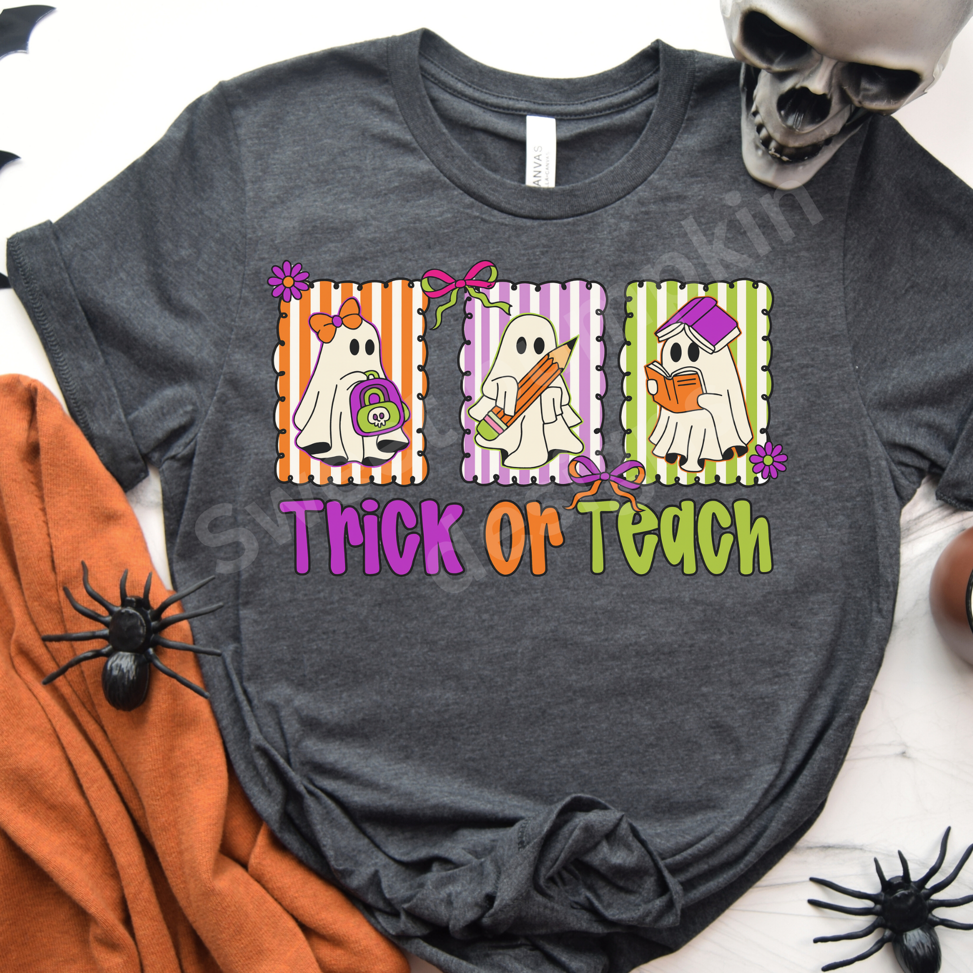 Cute ghost teacher t-shirt that says Trick or Teach, perfect for classroom Halloween outfits