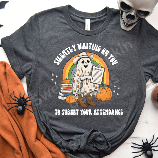 Halloween Attendance Clerk T-Shirt for school staff on Bella Canvas tee, unisex fit