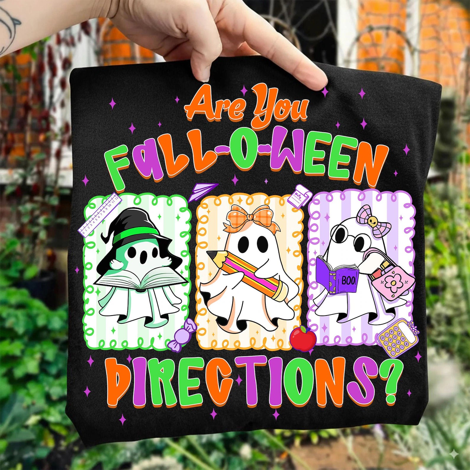 Comfort Colors ghost teacher shirt that says Are You FALLOWEEN Directions