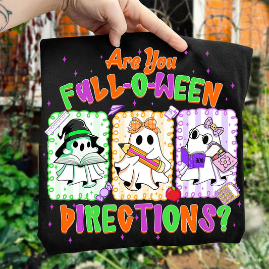Comfort Colors ghost teacher shirt that says Are You FALLOWEEN Directions