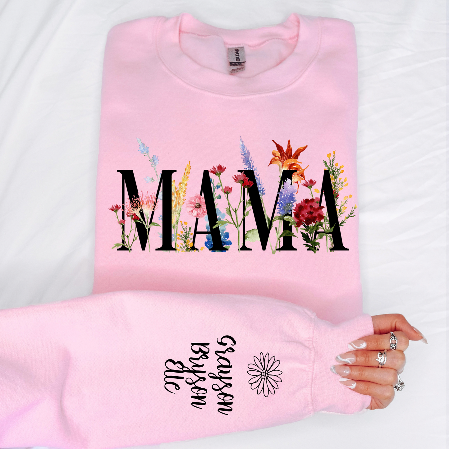 Custom Floral Mama Sweatshirt with Kids Names on Sleeve