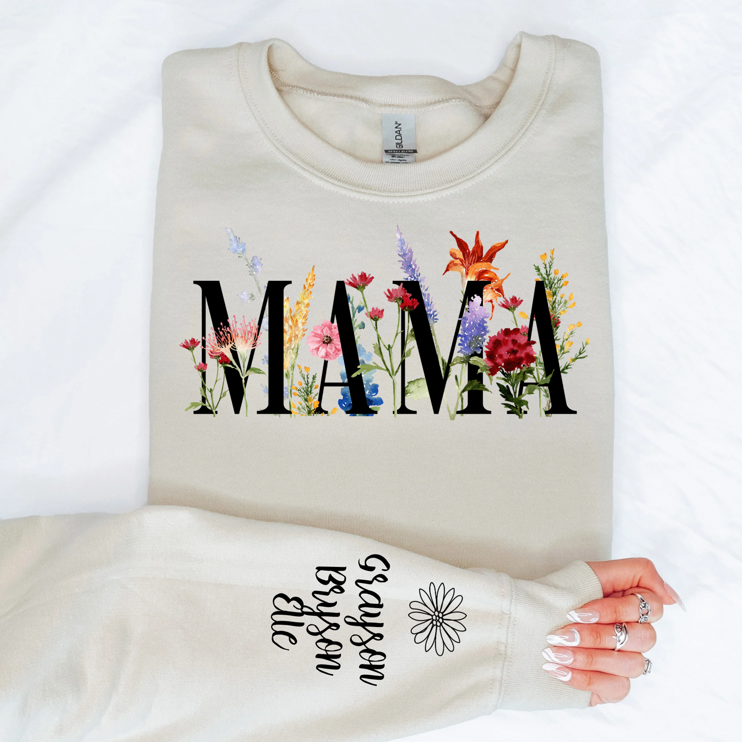 Custom Floral Mama Sweatshirt with Kids Names on Sleeve