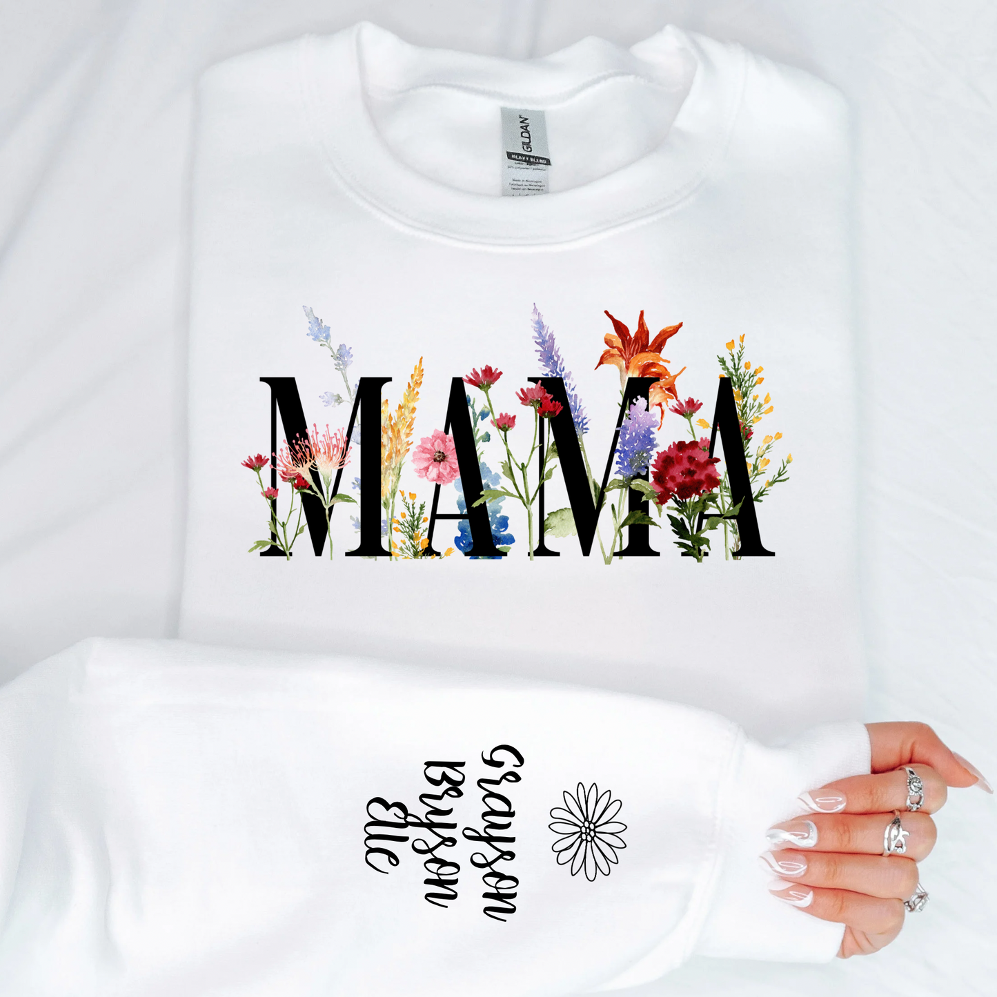 Custom Floral Mama Sweatshirt with Kids Names on Sleeve