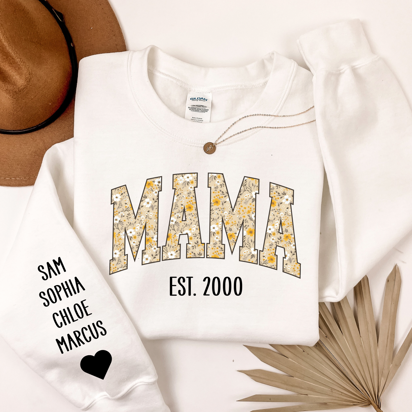 Custom Floral Mama est Sweatshirt with Kids Names on Sleeve
