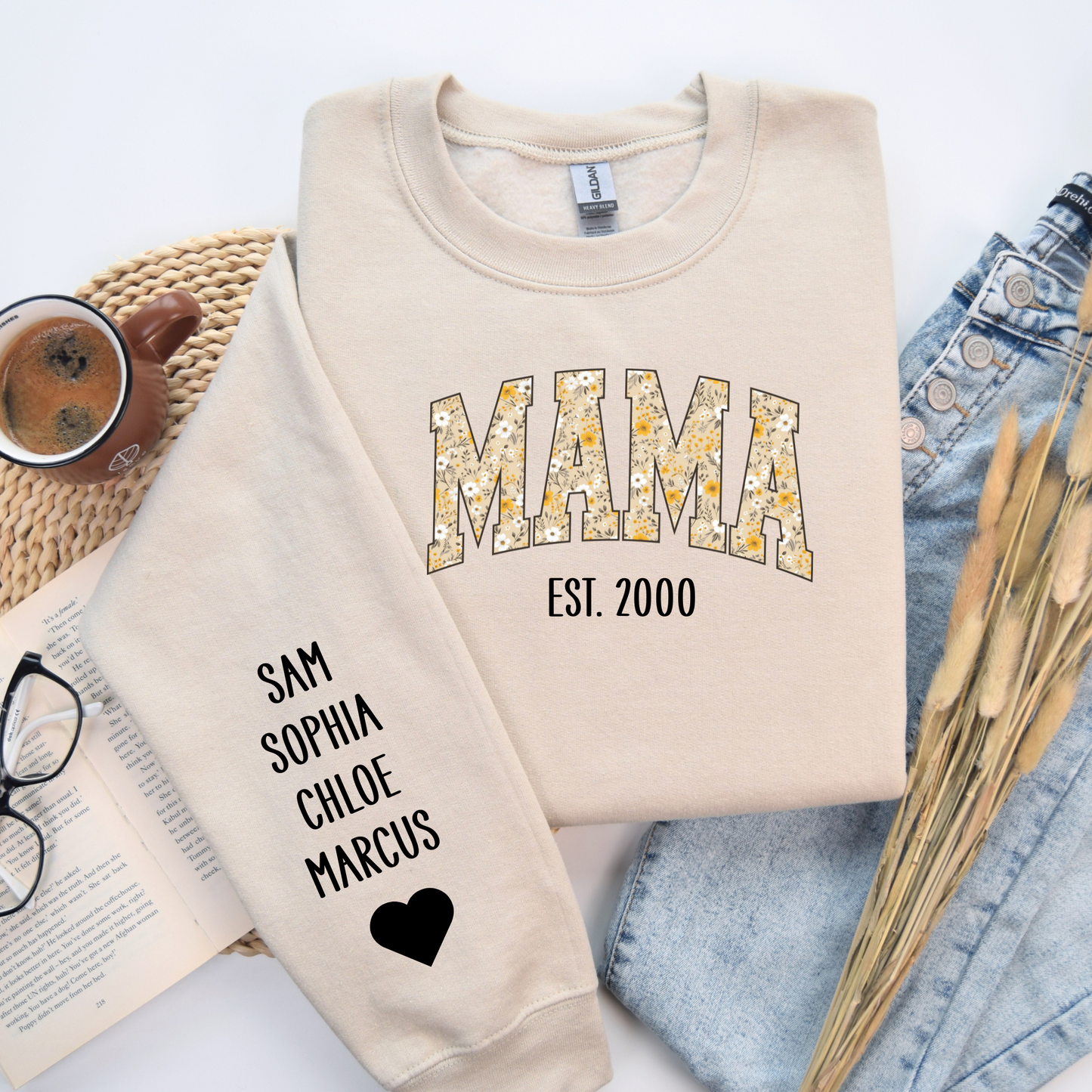 Custom Floral Mama est Sweatshirt with Kids Names on Sleeve