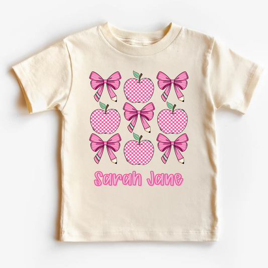 Personalized Back to School Shirt | Custom Girl’s Name Shirt | Pink Bow & Apple Shirt