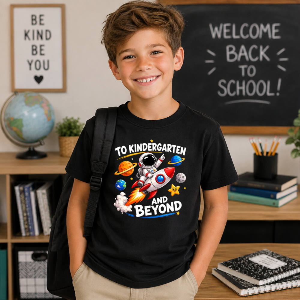 Boys’ First Day of Kindergarten Shirt – To Kindergarten and Beyond Space Tee