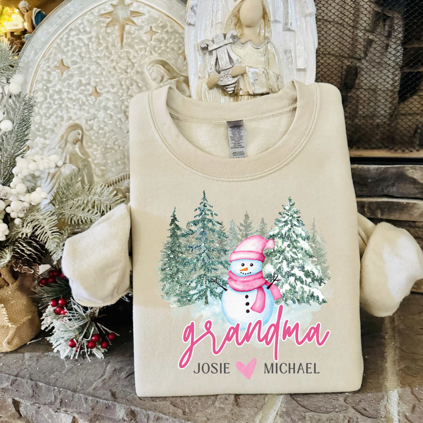 Custom Snowman Family Sweatshirt — Personalized Name (Aunt, Grandma, Nana, Mama, etc.) + Kids’ Names | Gildan 18000 | Christmas Gift
