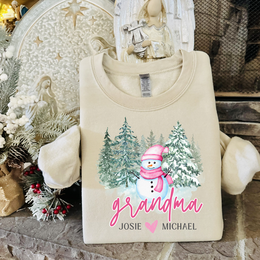 Custom Snowman Family Sweatshirt — Personalized Name (Aunt, Grandma, Nana, Mama, etc.) + Kids’ Names | Gildan 18000 | Christmas Gift