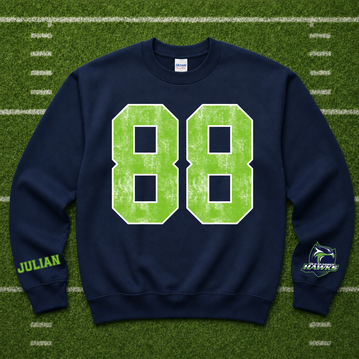 OLD HUNDRED HAWKS FOOTBALL - VARSITY NUMBER DESIGN WITH PLAYER NAME PERSONALIZATION ON SLEEVE