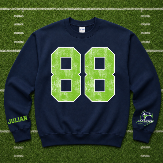 OLD HUNDRED HAWKS FOOTBALL - VARSITY NUMBER DESIGN WITH PLAYER NAME PERSONALIZATION ON SLEEVE