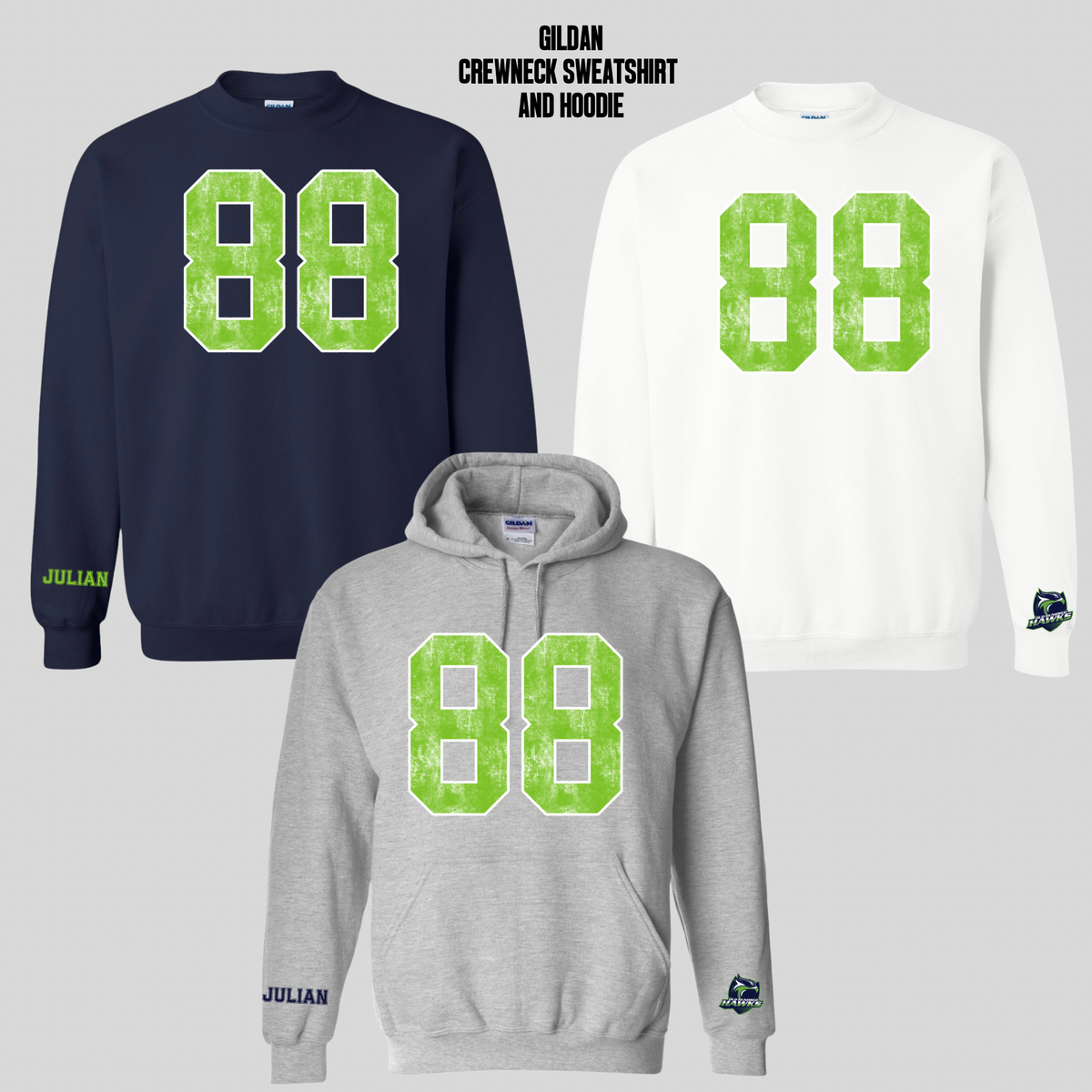 OLD HUNDRED HAWKS FOOTBALL - VARSITY NUMBER DESIGN WITH PLAYER NAME PERSONALIZATION ON SLEEVE