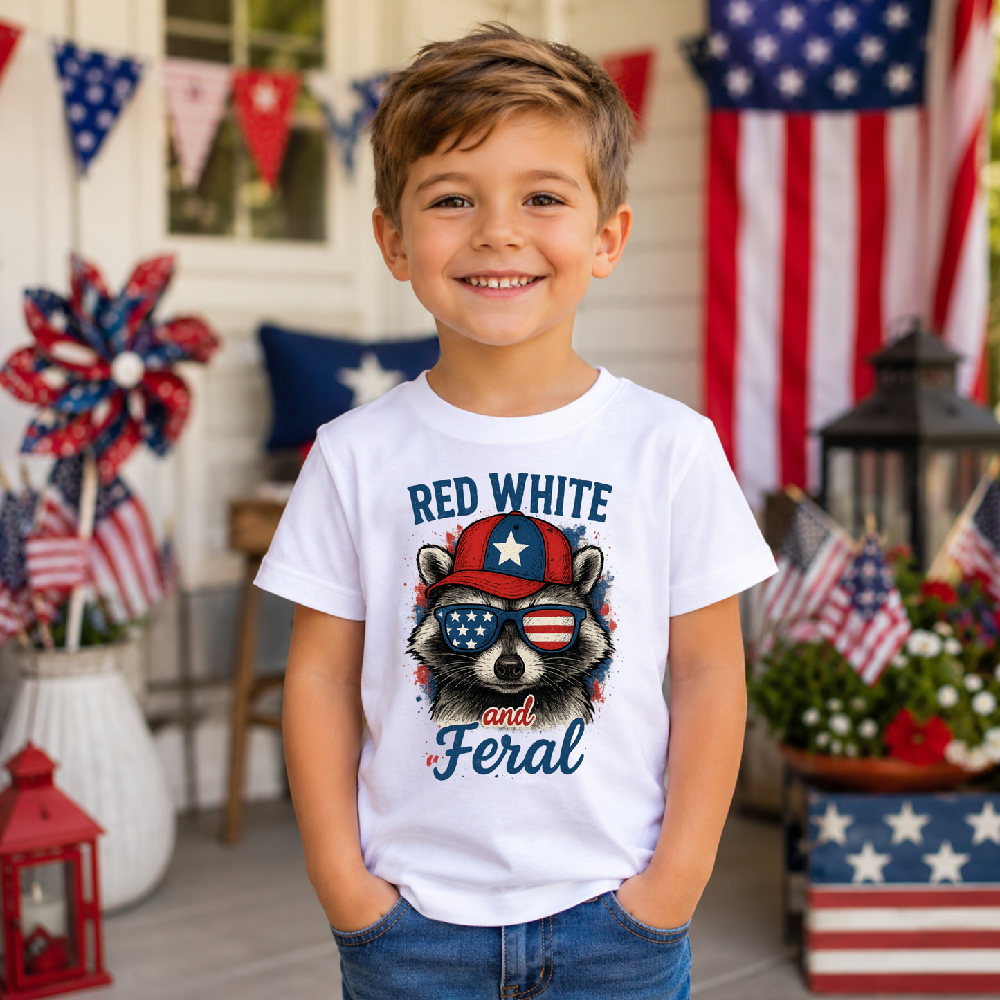 RED WHITE & FERAL T-SHIRT - PATRIOTIC SHIRT FOR KIDS