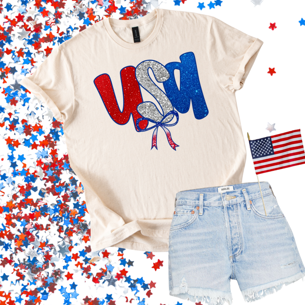 USA Faux Glitter 4th of July Shirt | Patriotic Graphic Tee for Women | Summer Holiday Shirt
