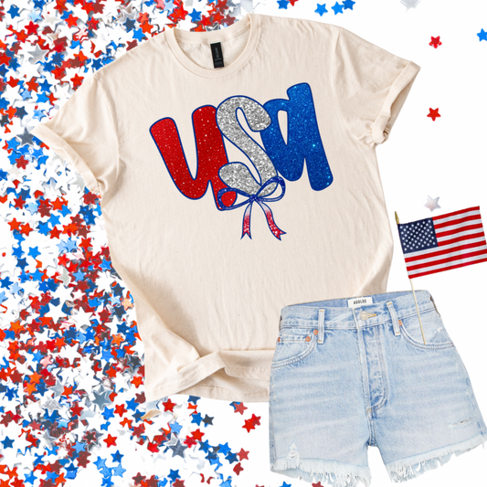 USA Faux Glitter 4th of July Shirt | Patriotic Graphic Tee for Women | Summer Holiday Shirt