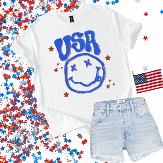 USA Retro Happy Face 4th of July Shirt | Patriotic Graphic Tee | Summer Holiday Shirt