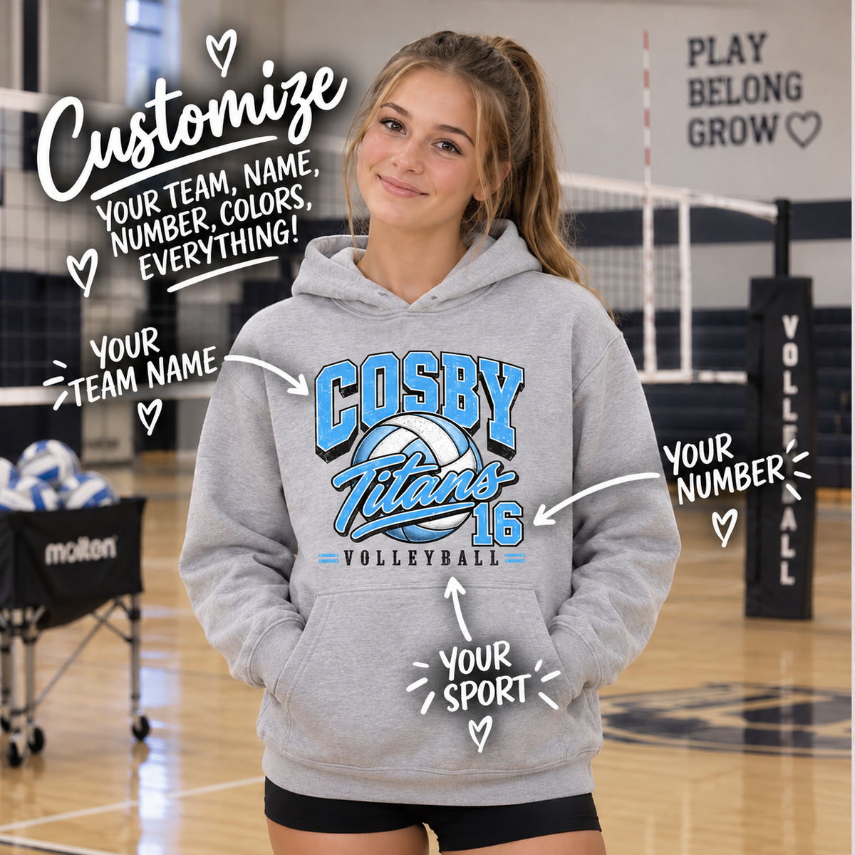 Custom School Mascot Volleyball Hoodie | Personalized Team Sweatshirt with School Name, Mascot, Player Number & Colors