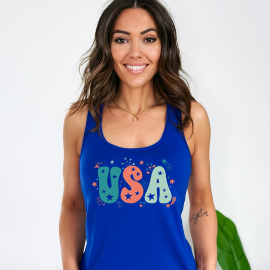 Patriotic USA Racerback Tank Top for Women | 4th of July Outfit | Red White and Blue Tank