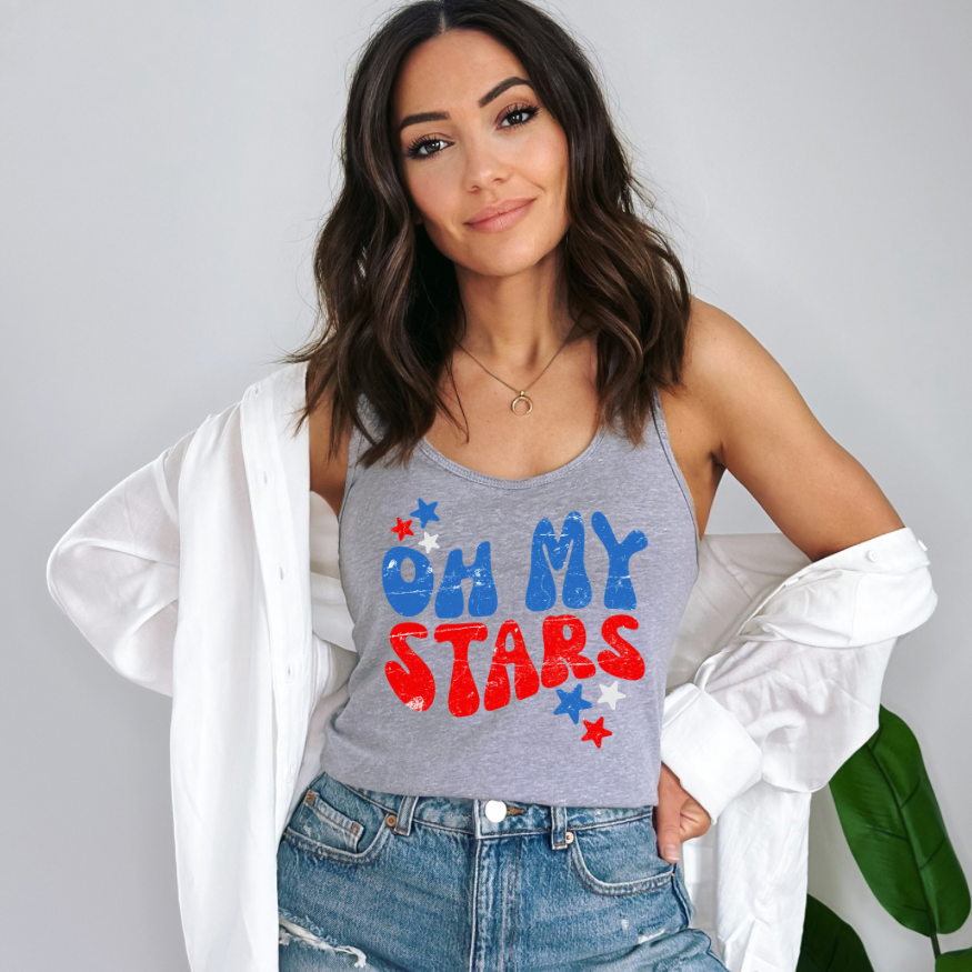 Patriotic Oh My Stars Racerback Tank Top for Women | 4th of July Outfit | Red White and Blue Tank