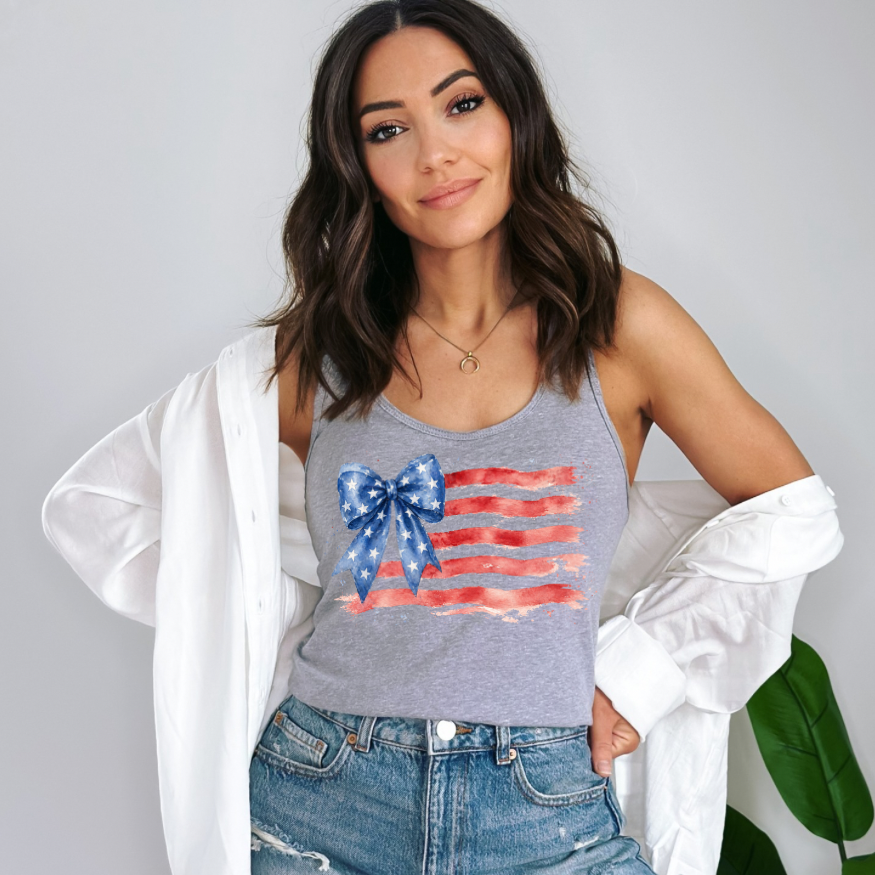 Patriotic Flag with Bow Tank Top for Women | 4th of July Outfit | Red White and Blue Tank