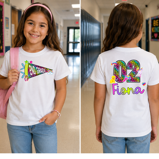 Personalized Back to School Shirt for Girls | Custom Name & Grade Y2K School Supplies Tee | Toddler & Youth Gildan T-Shirt