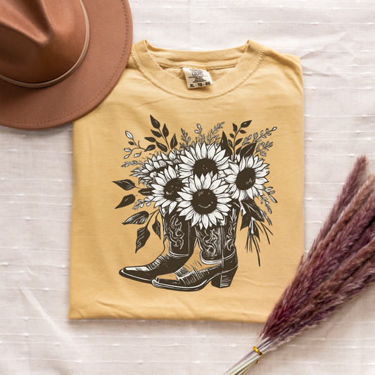Cowboy Boots & Sunflowers Comfort Colors Shirt | Western Graphic Tee for Women | Vintage Country Floral Shirt