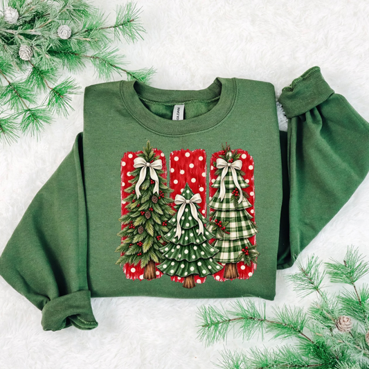 Preppy Christmas Tree Sweatshirt | Plaid Bow Holiday Crewneck