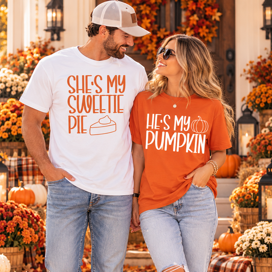 Couples Thanksgiving Shirts | He’s My Pumpkin & She’s My Sweetie Pie Fall Matching Tees | Cute Holiday Outfits for Couples