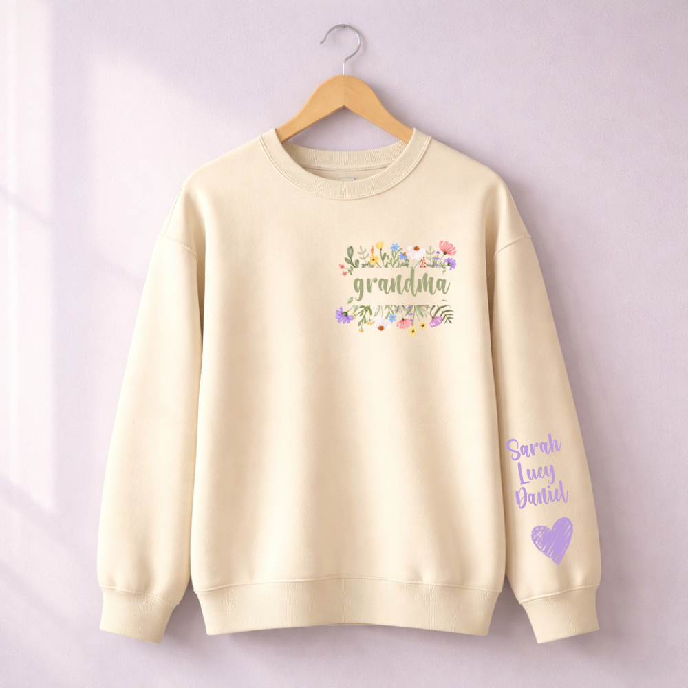 Custom Grandma Sweatshirt with Kids Names on Sleeve, Personalized Nana Mimi Gigi Crewneck, Floral Grandma Gift, Mother’s Day Gift for Grandma