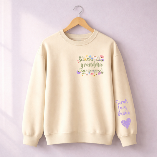 Custom Grandma Sweatshirt with Kids Names on Sleeve, Personalized Nana Mimi Gigi Crewneck, Floral Grandma Gift, Mother’s Day Gift for Grandma