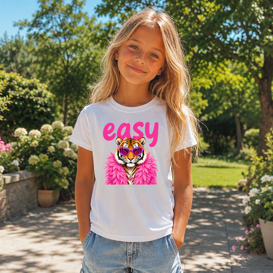 Easy Tiger Youth Graphic Tee | Sassy Summer Tiger Shirt for Girls | Cute Kids Animal Tee | Gildan Youth Tee