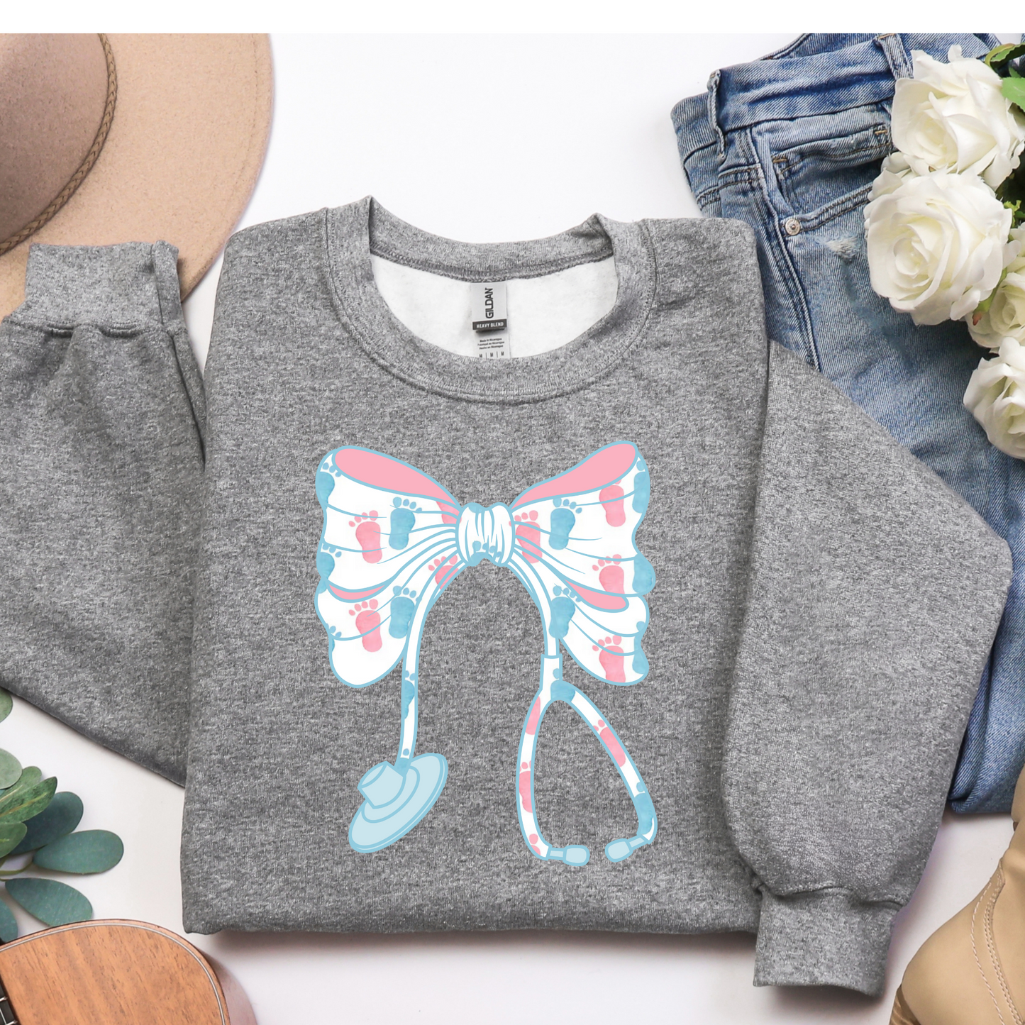 Labor and Delivery Nurse Baby Feet Bow Sweatshirt