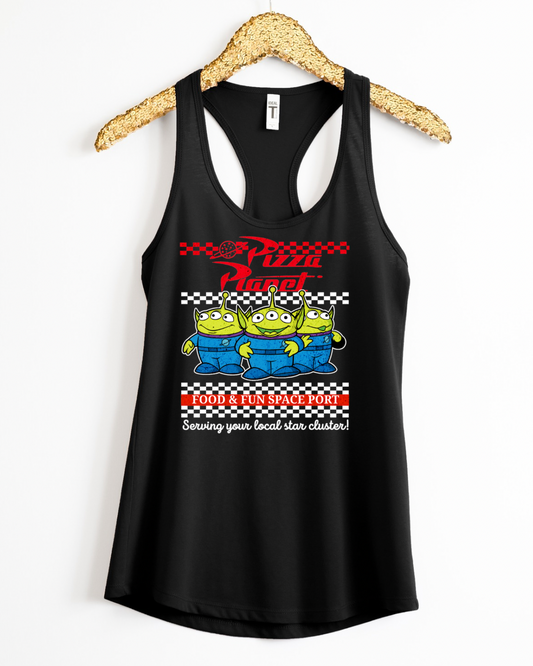 PIZZA PLANET Racerback Tank for Women – Lightweight Vacation Graphic Tank
