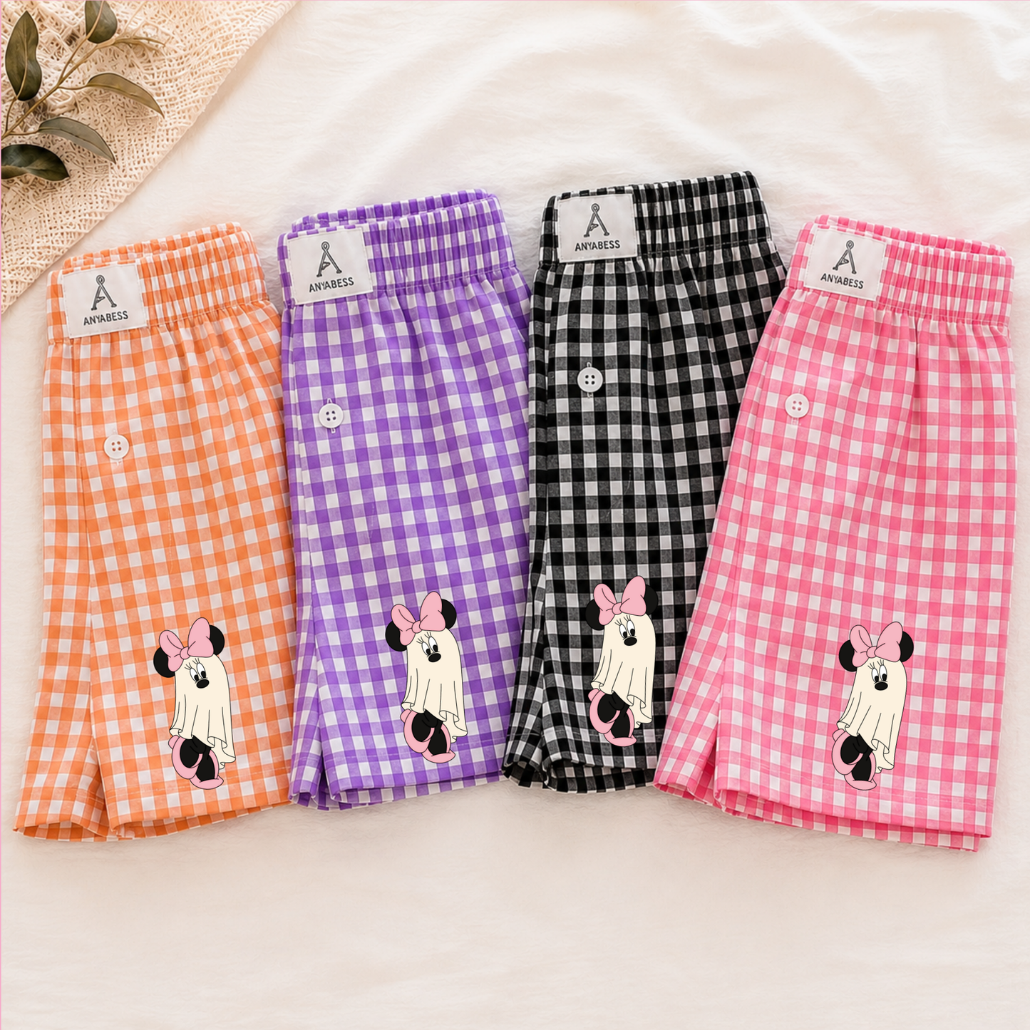 Pastel Pink Mouse Ghost Gingham Plaid Shorts | Cute Halloween Outfit Shorts
