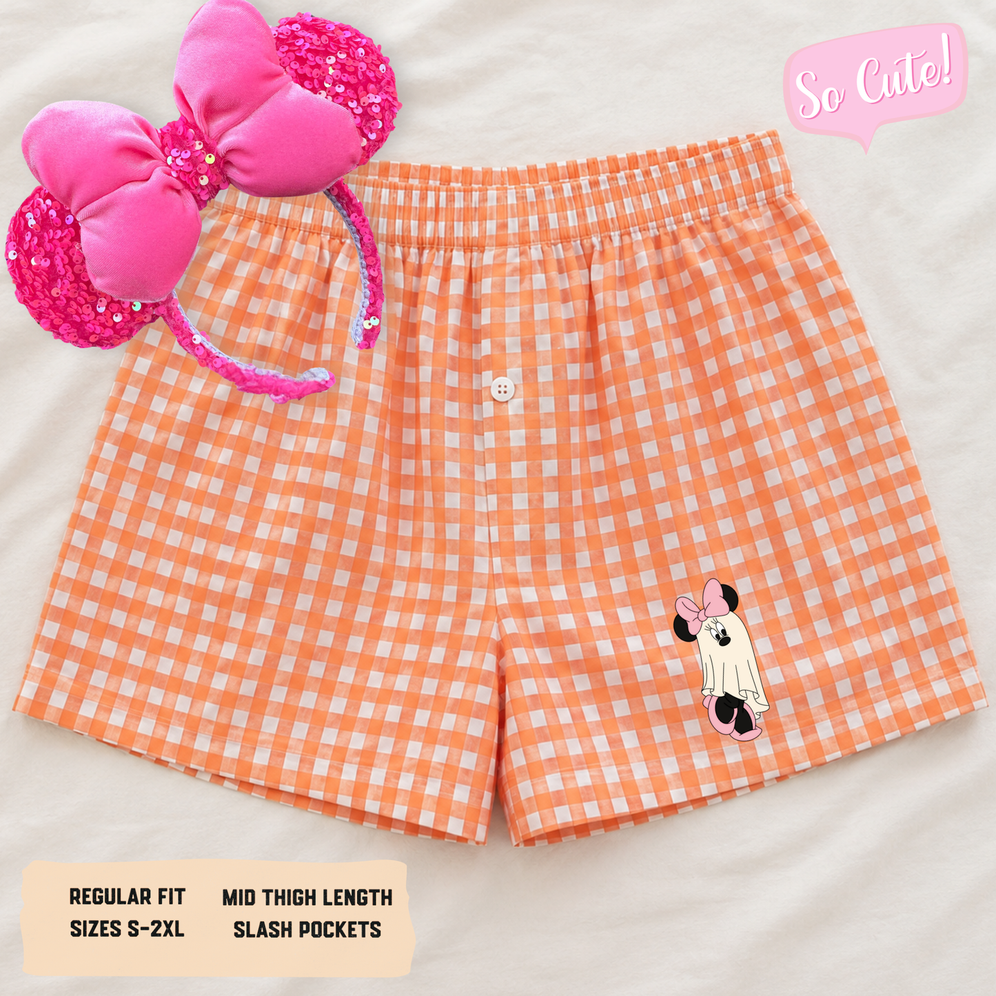 Pastel Pink Mouse Ghost Gingham Plaid Shorts | Cute Halloween Outfit Shorts