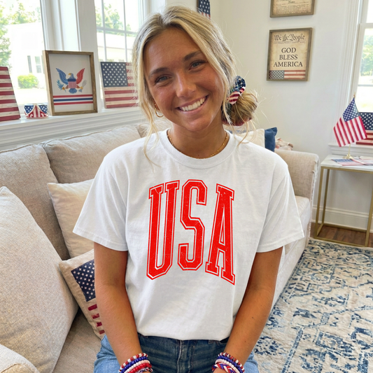 USA Varsity Shirt | Patriotic Comfort Colors Tee for Women | Fourth of July Outfit | Retro USA Graphic Tee