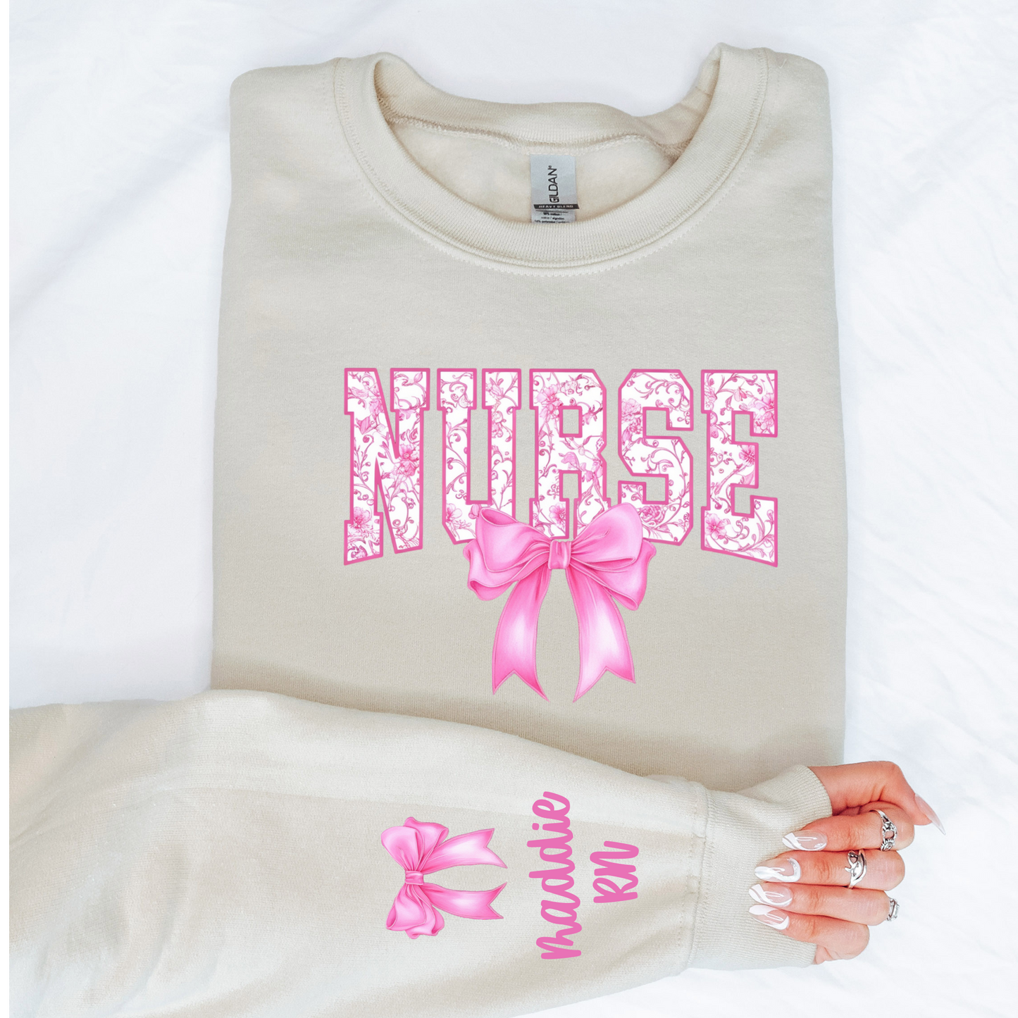 Custom Pink Chinoiserie Nurse Bow Sweatshirt