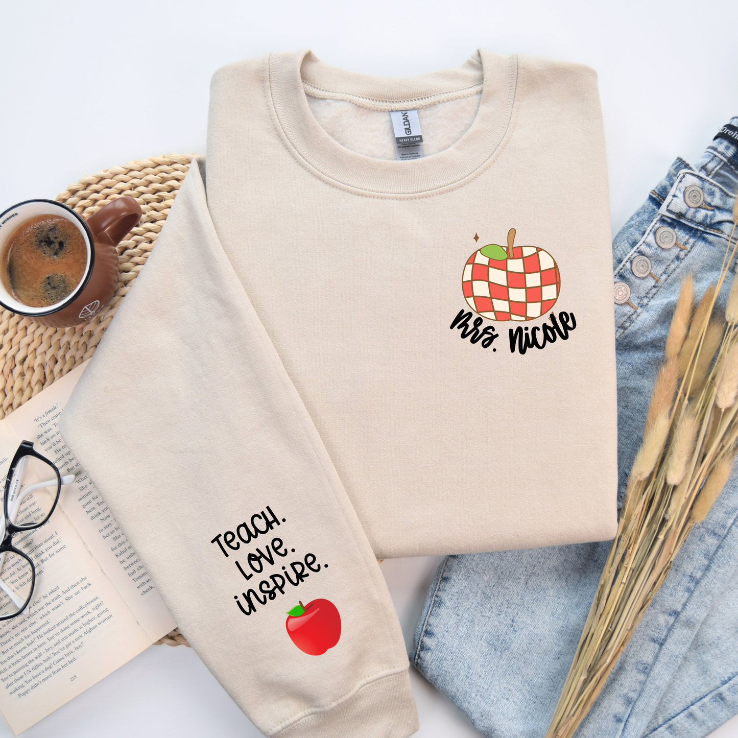 Personalized Teacher Sweatshirt | Custom Name Chest Sweatshirt | Teach Love Inspire Sleeve | Teacher Appreciation Gift | Teacher Gift for Her