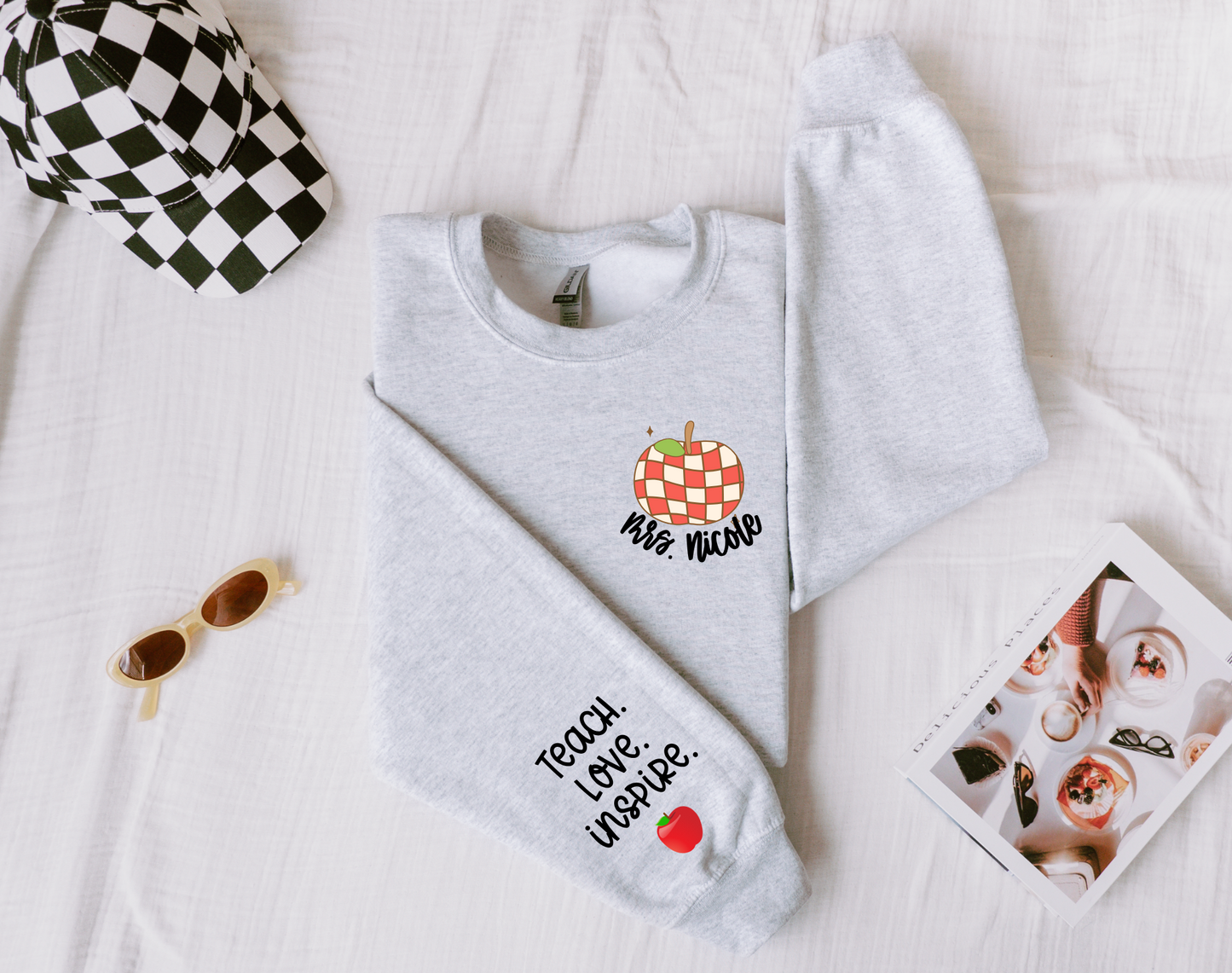 Personalized Teacher Sweatshirt | Custom Name Chest Sweatshirt | Teach Love Inspire Sleeve | Teacher Appreciation Gift | Teacher Gift for Her